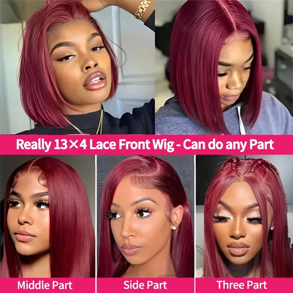 Perruque Bob 99J bordeaux lisse en cheveux humains, perruques Lace Front 13x4 HD transparentes, perr