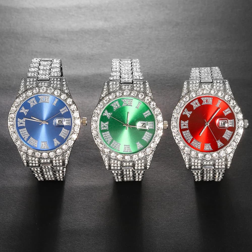 Ensemble de montres en argent pour hommes, 3 pièces, Hip-hop Punk incrusté de diamants + chaîne cuba