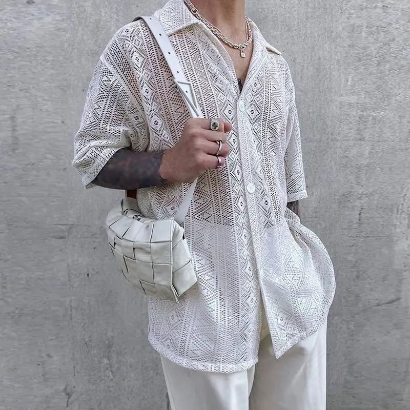 Vêtements d'été pour hommes maille voir à travers maille chemise Sexy à manches courtes résille bout