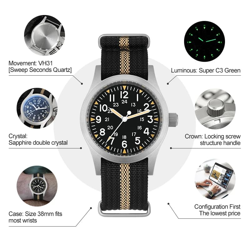 Militado ML05 38mm montre Vintage VH31 mouvement à Quartz montres de terrain cristal saphir bombé av