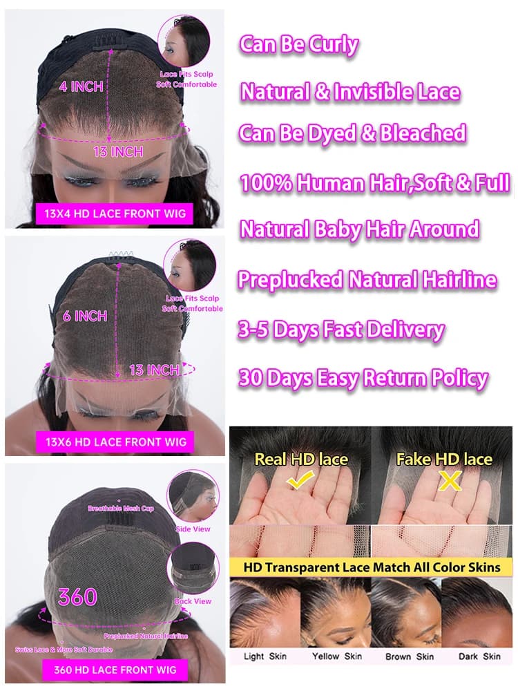 Perruques Lace Front HD transparentes 13x4 13x6 360 de 30 à 40 pouces, perruque frontale en dentelle