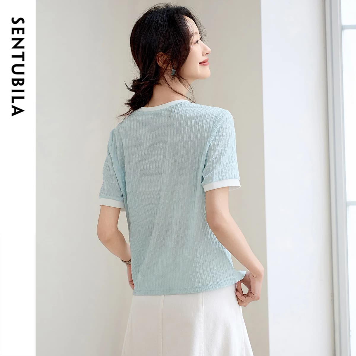 T-shirt à manches courtes plissé pour femme SENTUBILA, nouvelle collection 2026, style décontracté, 