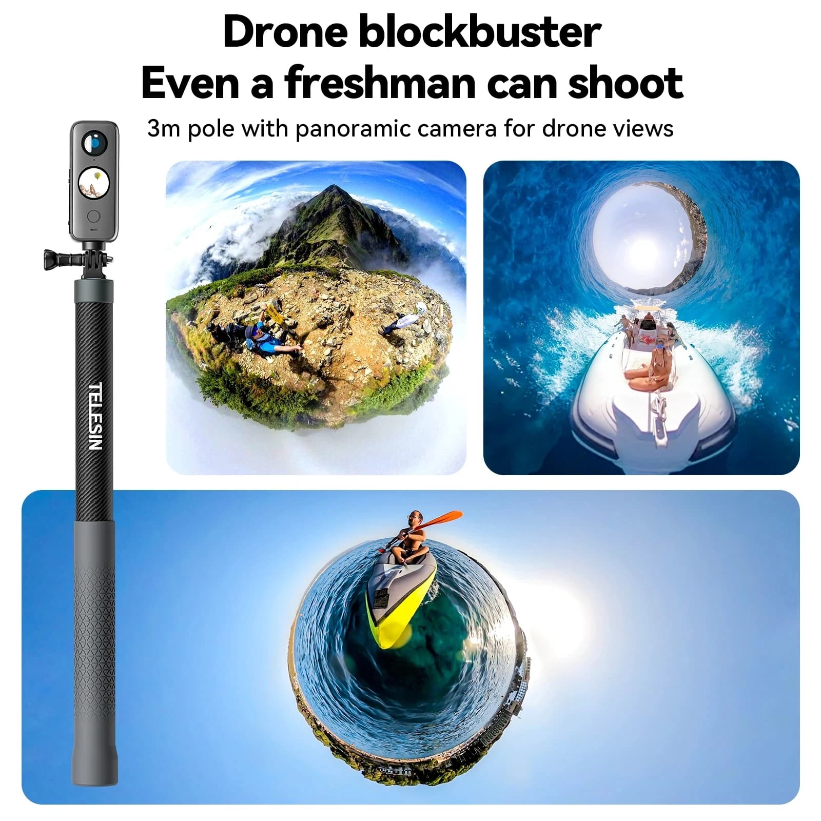 TELESIN 1.2M 3M perche à Selfie en Fiber de carbone monopode extensible avec vis 1/4 pour GoPro 13 1