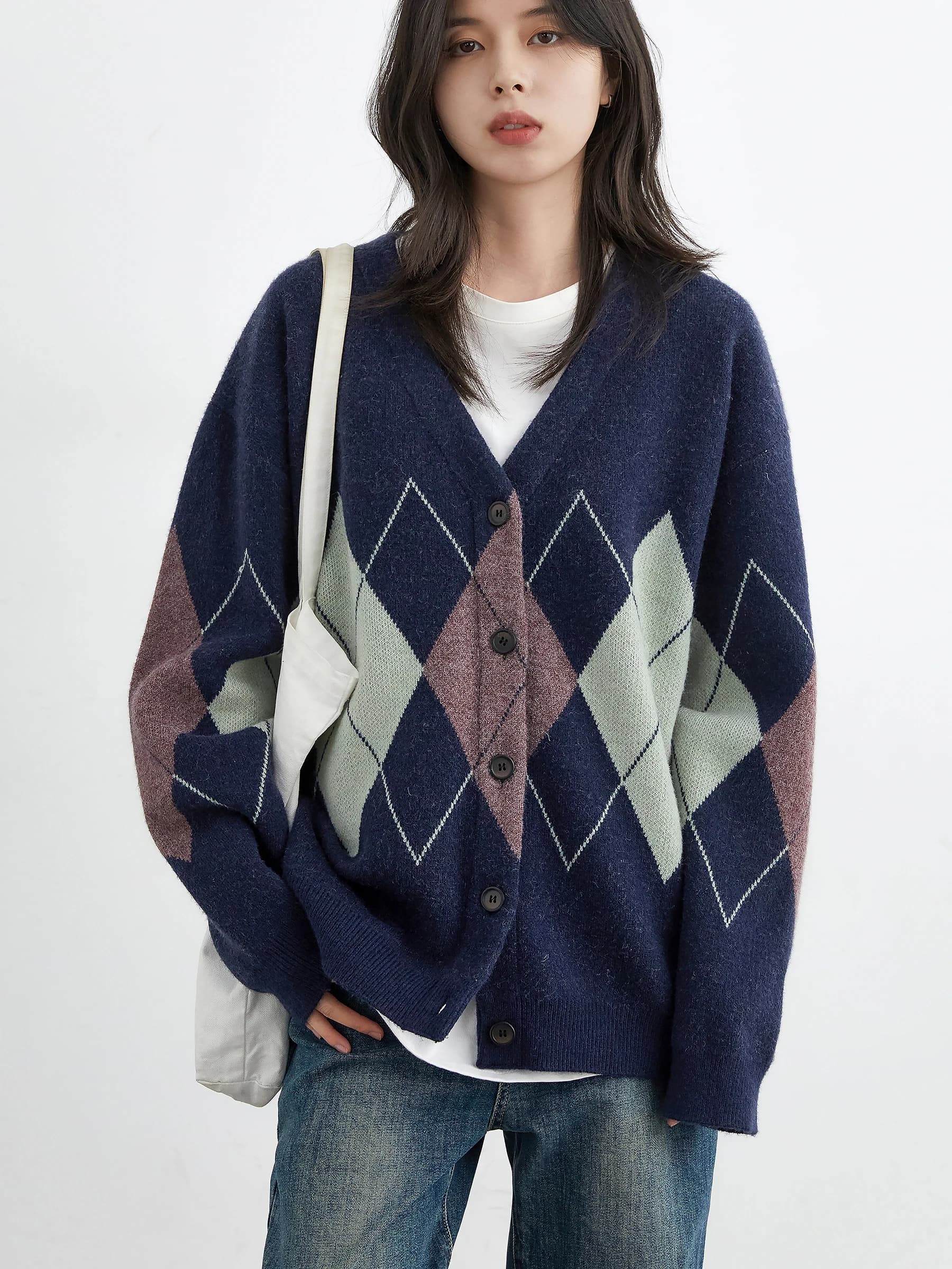CHIC VEN femmes chandails ample décontracté rétro diamant grille Jacquard tricoté dames Cardigan col