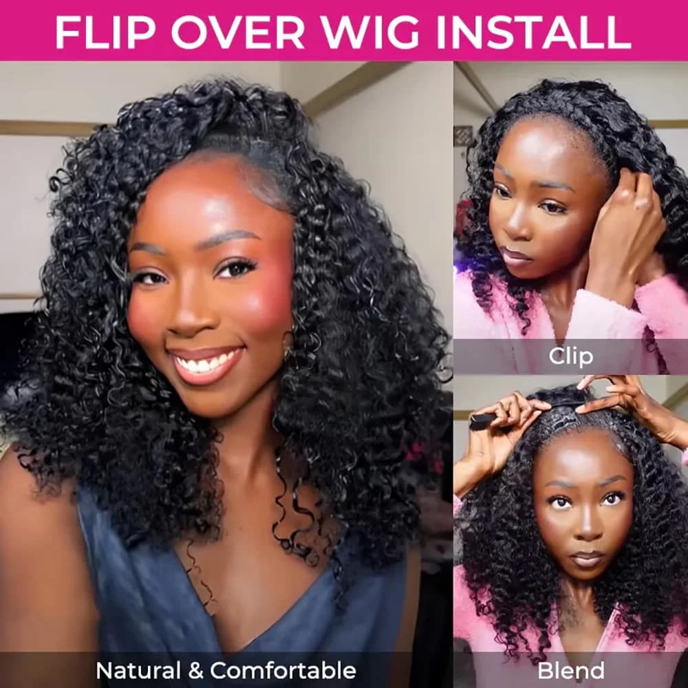 Demi-perruque de cheveux humains 3 en 1, sans colle, avec cordon de serrage, bandeau crépu et bouclé