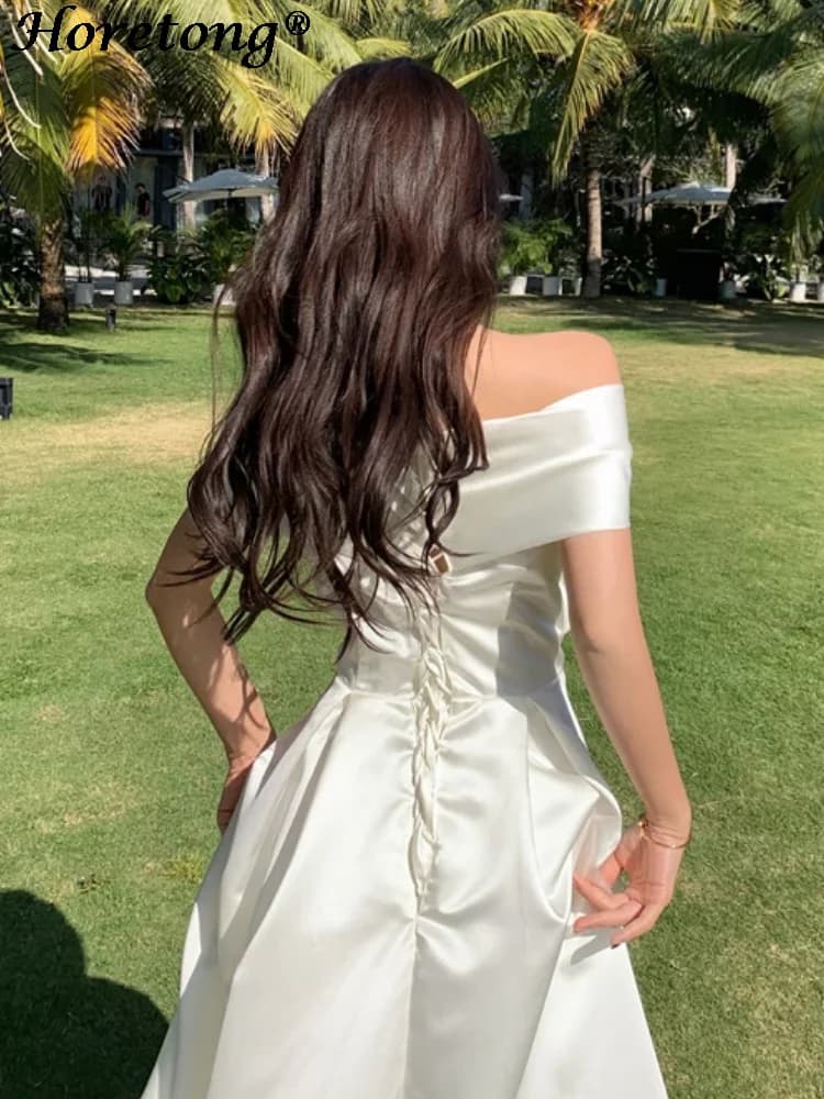 Horetong Bow Slash cou robe Sexy été femmes fée blanche élégante a-ligne robes mi-longues femme fête