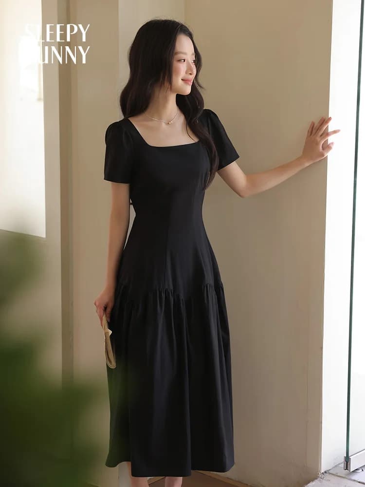 Robe longue française à manches courtes et col carré pour femmes, coupe cintrée, ligne a, Petite tai