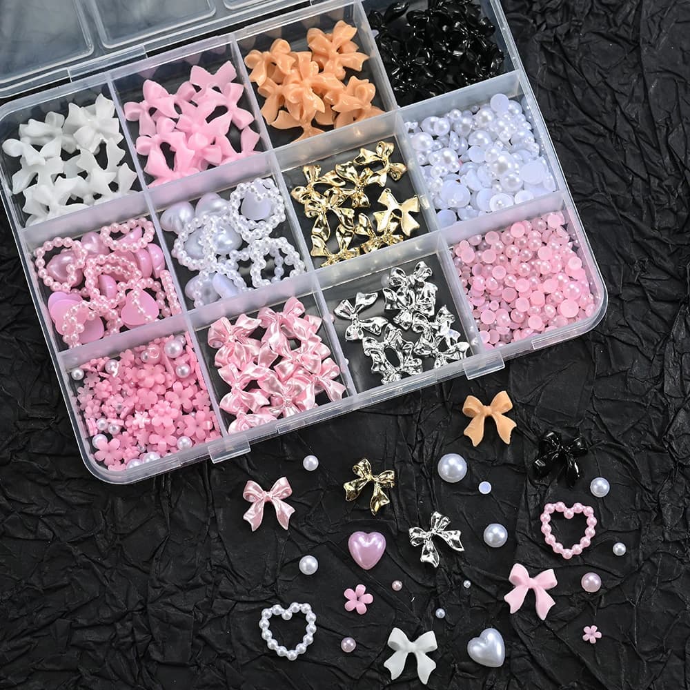 12 grilles 3D ruban multicolore fleur Nail Art breloques simulés pétales amour, nœud papillon en mét