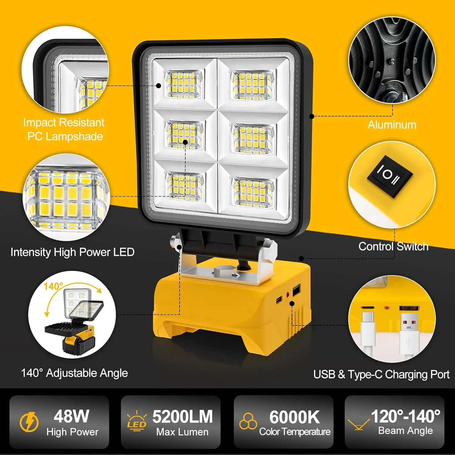 Lampe de travail LED portable 5200LM 48W, lampe de travail sans fil, base réglable, lampe de travail