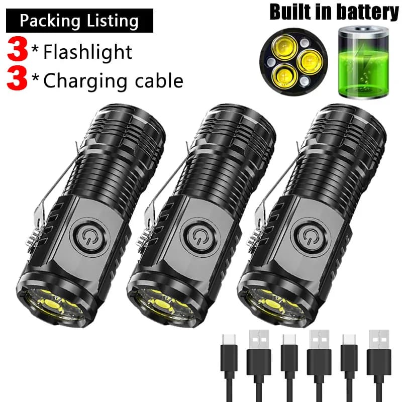 Mini lampe de poche 3LED Super brillante, avec Clip pour stylo et aimant arrière, batterie intégrée,