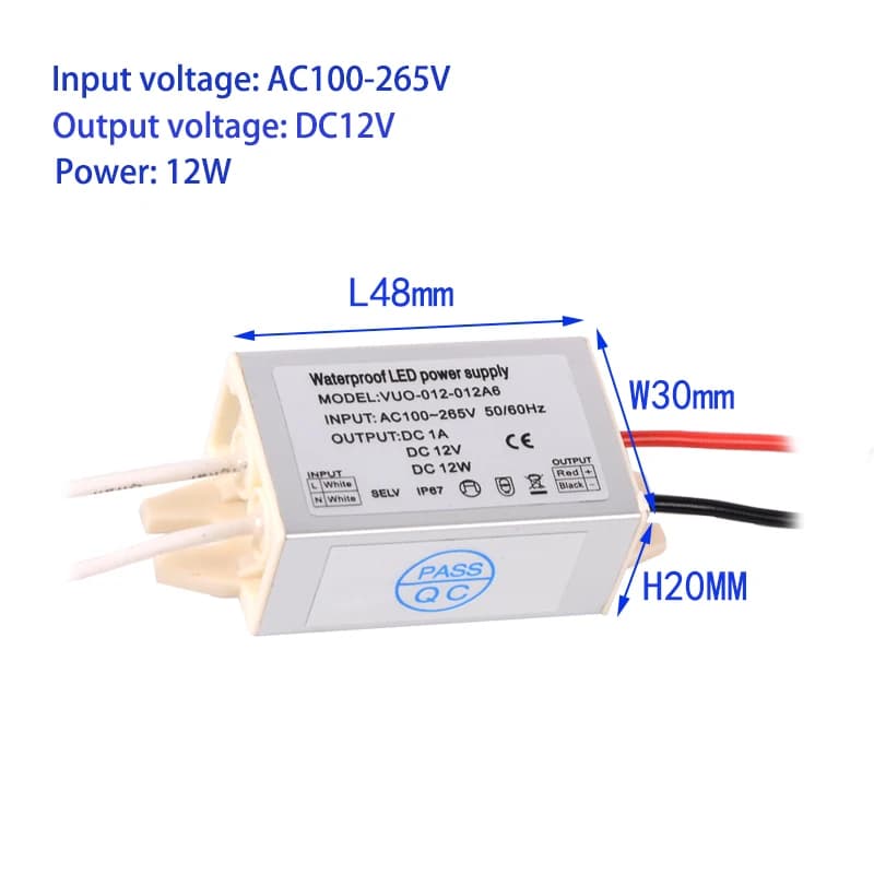 Mini régulateur de pilote LED mince AC120V 240V à DC 12V 24V IP67 12W, transformateur de lumière de 