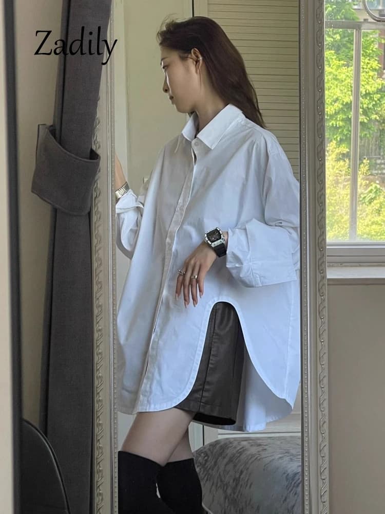 Zadily automne 2025 décontracté ample manches longues blanc chemise longue minimaliste surdimensionn