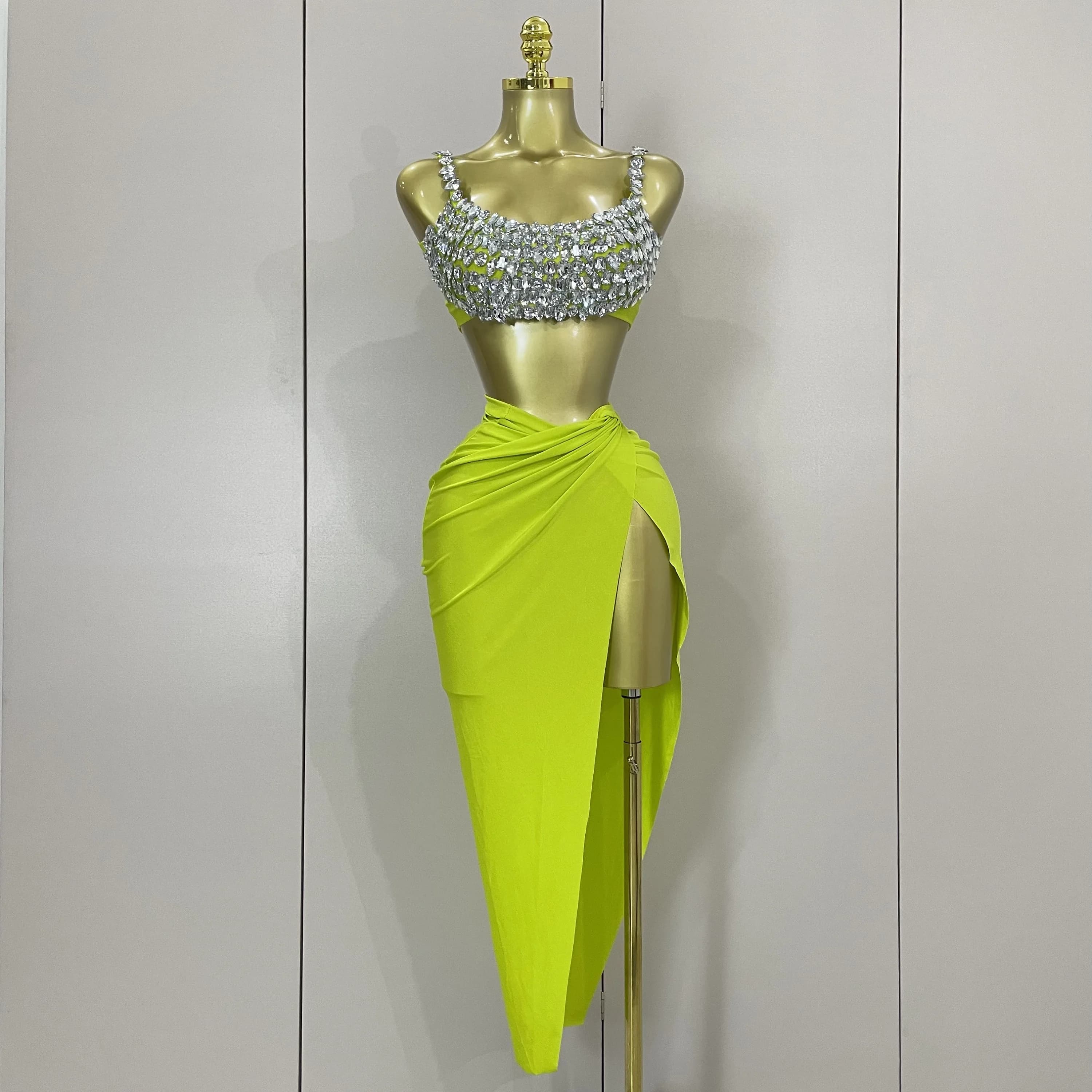 Ensemble deux pièces Sexy avec diamants en cristal scintillant pour femmes, Costume de spectacle sur