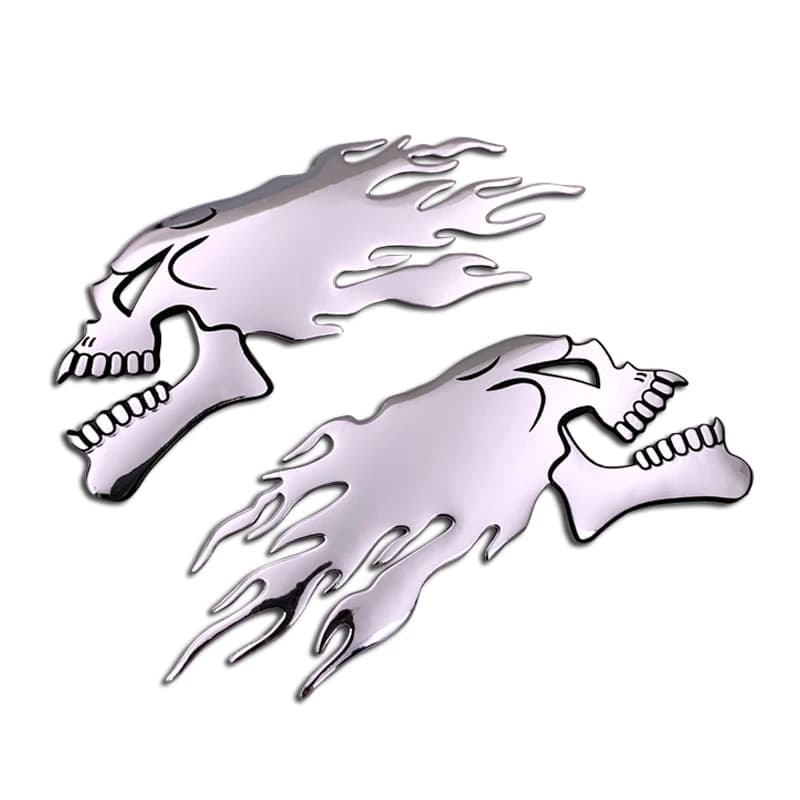 2 pièces/Piar argent 3D feu fantôme tête de crâne Auto ouragan Chrome placage moto autocollants