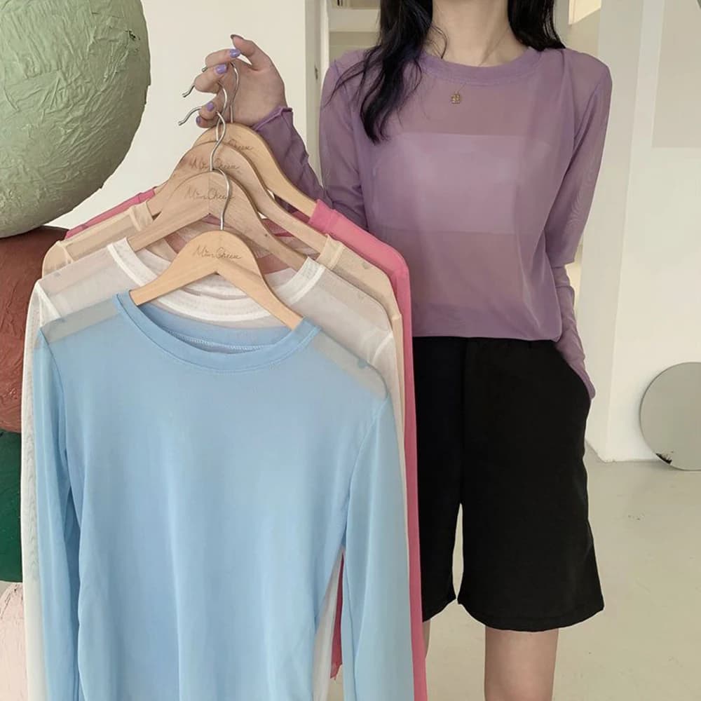 T-shirt à manches longues et col rond pour femmes, haut d'été, chemises à fond, vêtements de protect