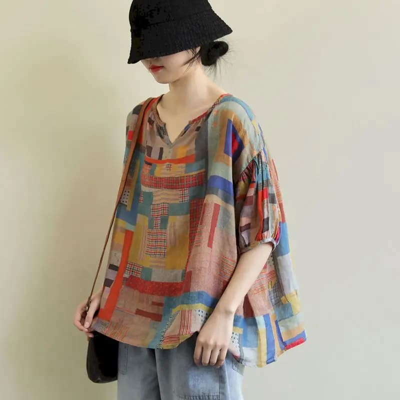 T-shirt manches courtes col en V femme, estival et décontracté, à la mode, irrégulier, artistique, b