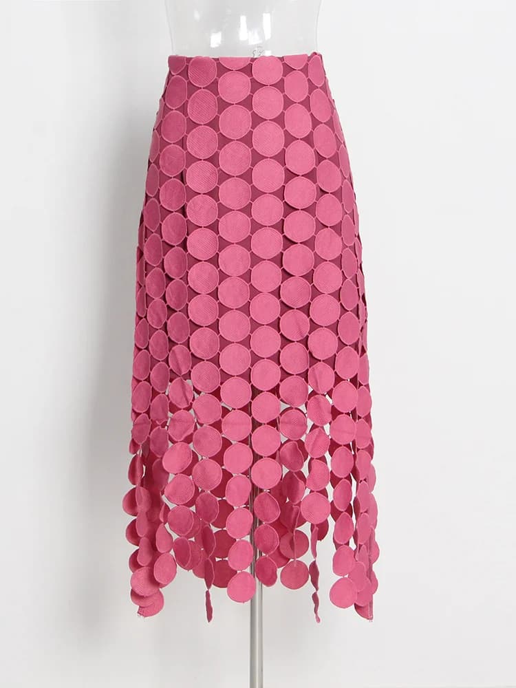 GALCAUR – jupe mi-longue élégante à pois pour femmes, avec des franges, taille haute, couleur unie, 