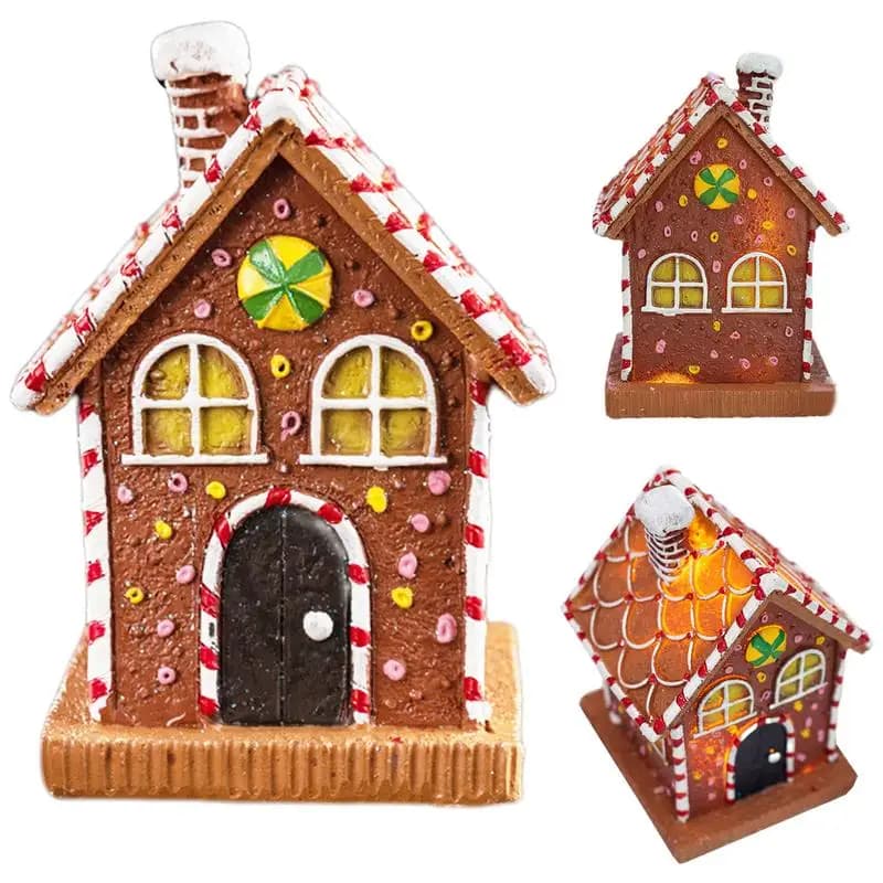 Maison en pain d'épice à LED en résine, statue de chalet de village de Noël à collectionner pour la 