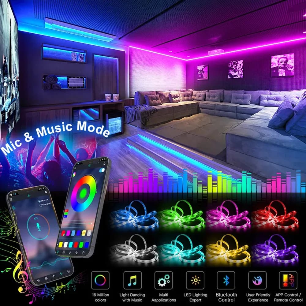 Bande lumineuse LED 5050 RGB, Bluetooth, décor pour salle LED 10m 15m 20m 30m PC TV rétro-éclairage 