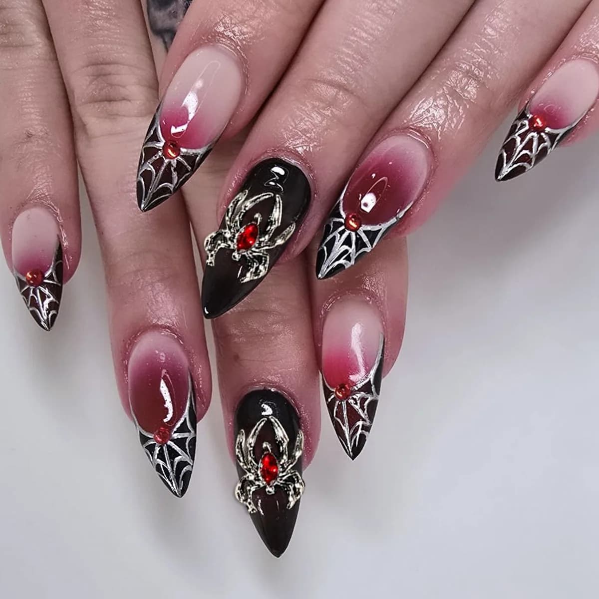24 pièces argent araignée conception faux ongles métal lourd Halloween faux ongles conseils couvertu