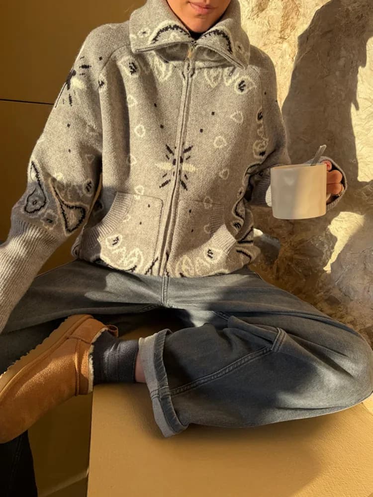 Cardigan en tricot Jacquard à col montant pour femme, ample, fermeture éclair, manches longues, poch