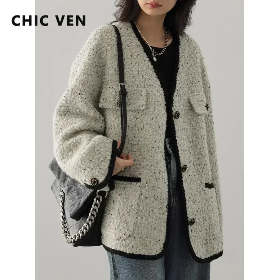 CHIC VEN – manteau en laine pour femme, veste Vintage à simple boutonnage, col en v, pardessus de bu