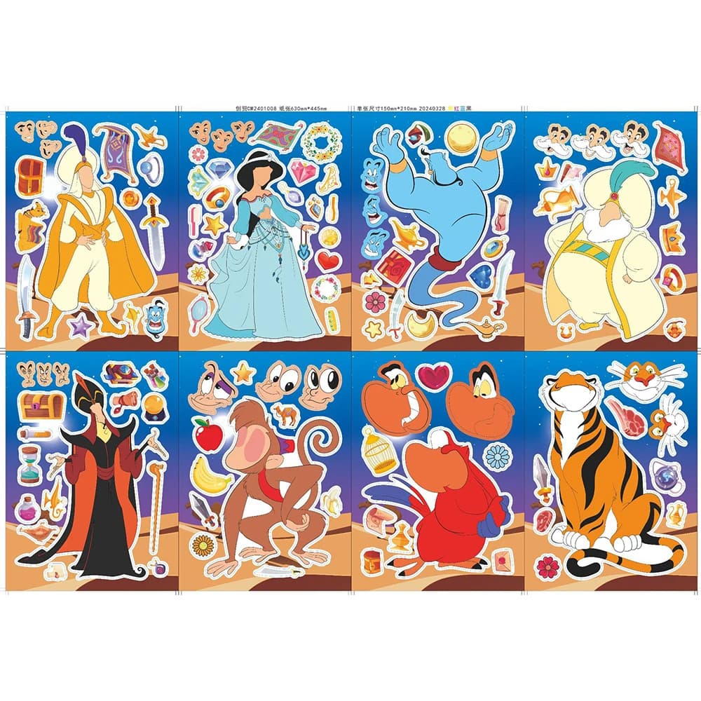Autocollants de puzzle Disney Anime Aladdin pour enfants, faire un visage drôle, assembler des décal