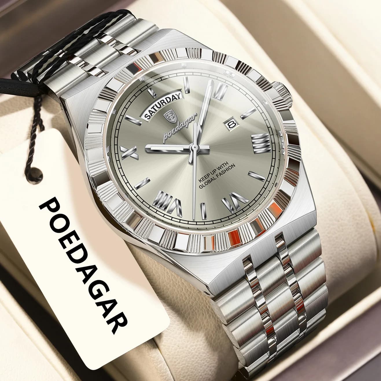 POEDAGAR luxe homme d'affaires montre semaine Date étanche montres lumineuses pour hommes en acier i