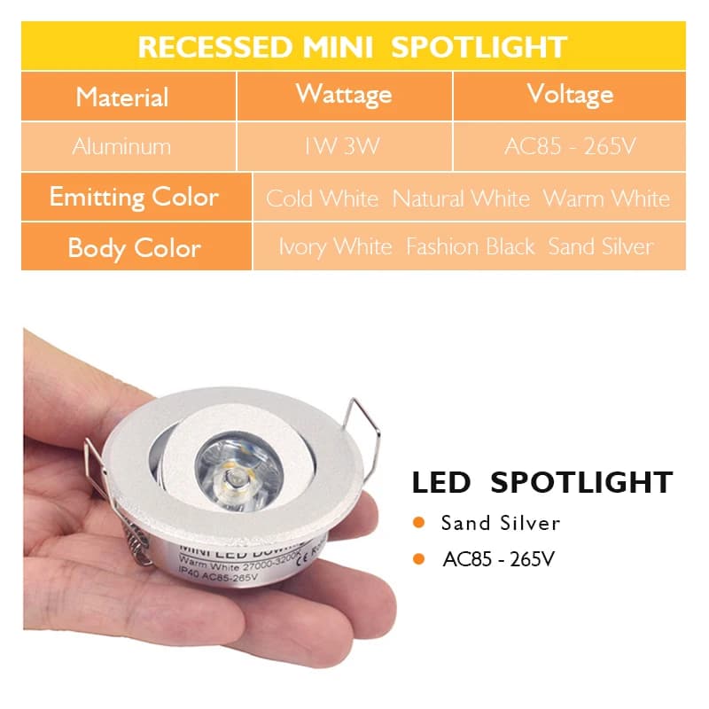 6 pièces Led Mini vers le bas lumière 3W 1W Dimmable Spot lumières encastrées AC85-265V plafonnier e
