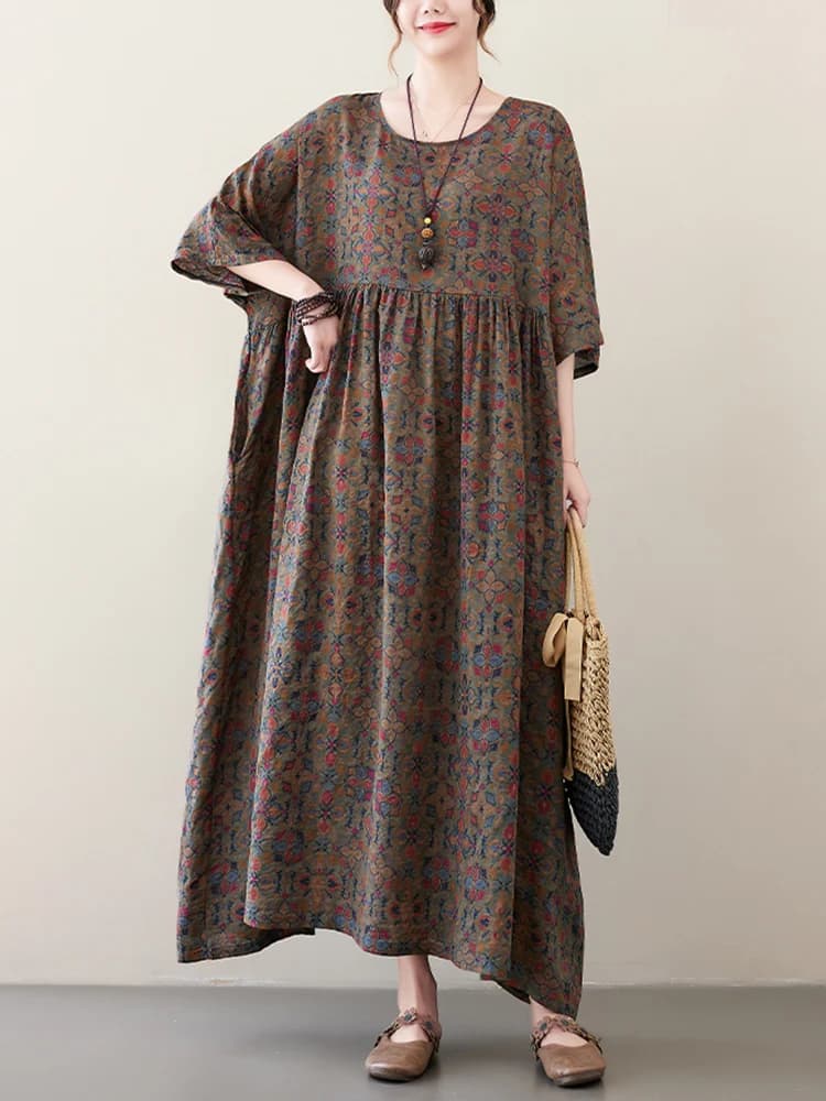 Robe longue vintage en coton à manches courtes et imprimé violet pour femme – Collection été 2026 – 