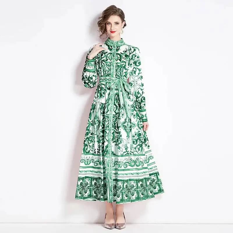 Robe longue en porcelaine à boutonnage simple pour femme, imprimé floral jaune, ceinture en dentelle