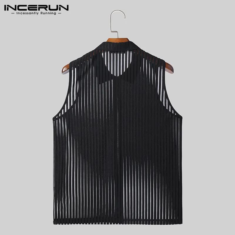 Mode Style décontracté hauts INCERUN hommes rayure verticale Perspective gilet à glissière Sexy mâle