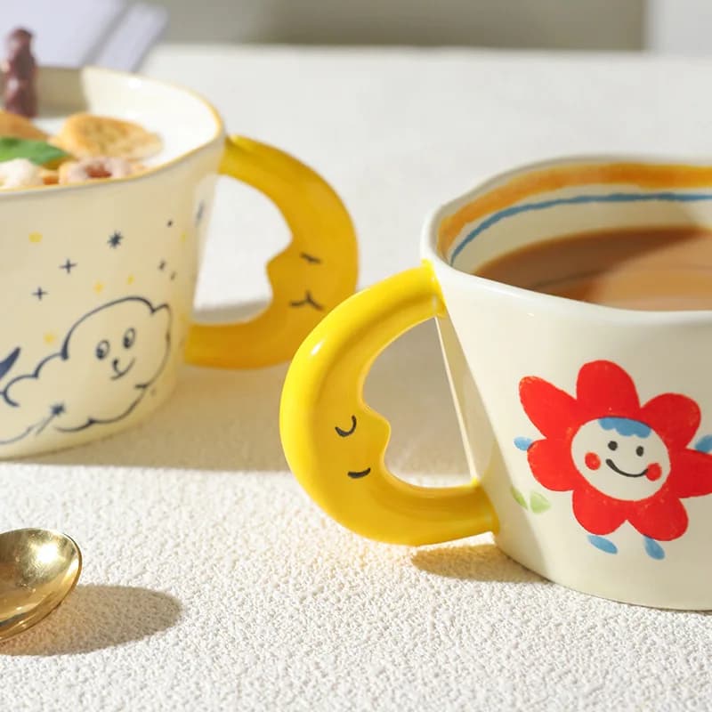 Tasse en céramique belle peinte à la main avec poignée de lune tasse de petit déjeuner créative verr