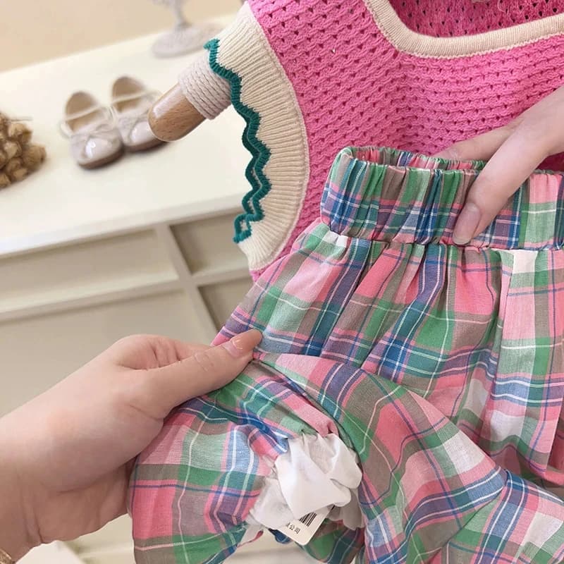 Ensembles de vêtements pour filles, ensemble d'été coréen rose tricoté fin pour filles, gilet ajouré