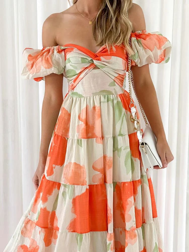 Robe maxi à manches bouffantes évidées pour femmes, robe de soirée à imprimé patchwork pour femmes, 