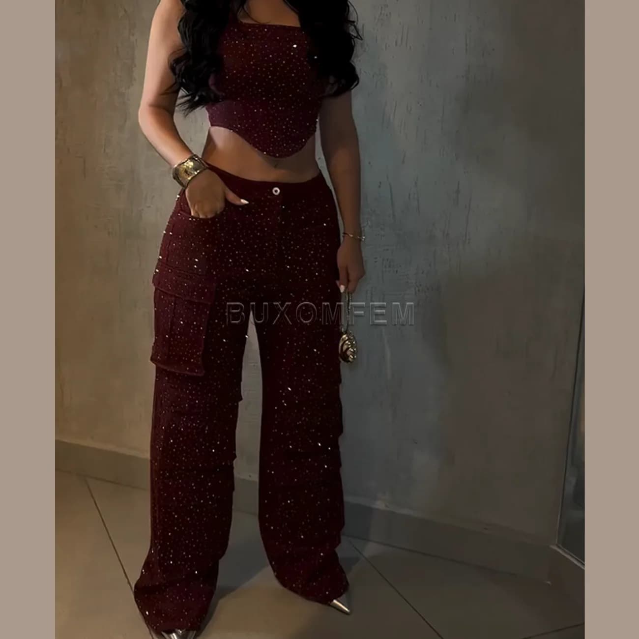 Ensemble pantalon de travail à bretelles en diamant pour femmes, pantalon Push Up à la mode, combina