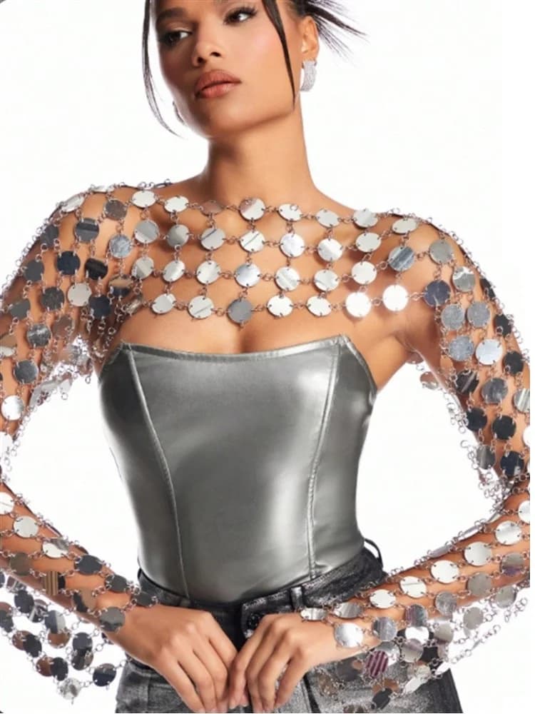 Haut à manches longues avec décor à paillettes pour femmes, haut métallique solide, magnifique festi