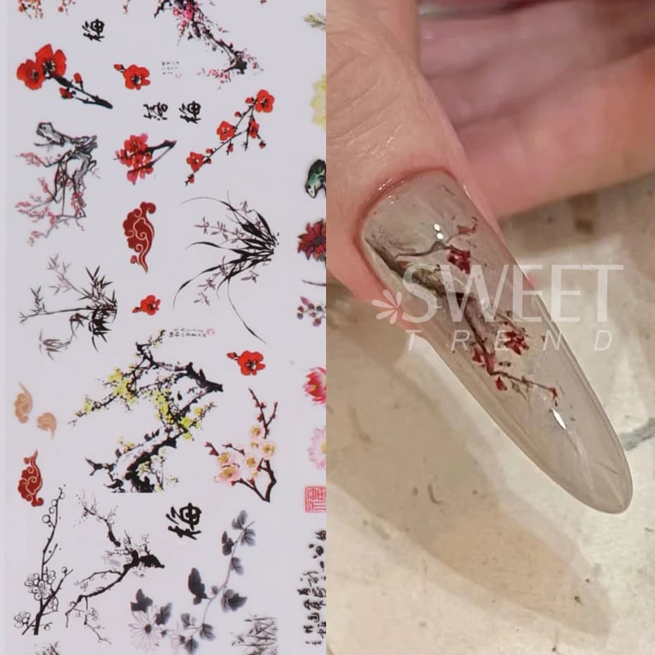 10 pièces feuilles à ongles caractère chinois grue bambou poisson fleur prune autocollant curseur tr