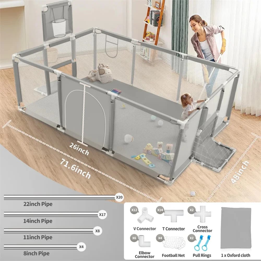 Aire de jeux pour bébé, parc pour bébé de 70 pouces, boîte de clôture grise pour enfants avec Angle 