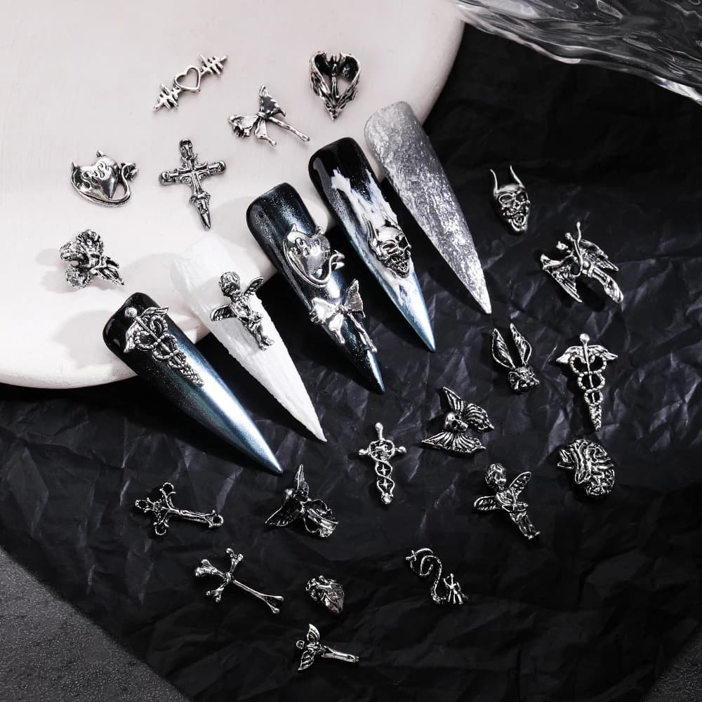 Mélange de styles pour Nail Art d'halloween, breloque croix argentée rétro 3D, décoration d'ongles p