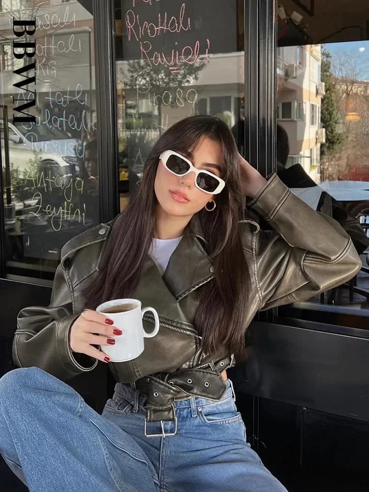 BBWM femmes surdimensionné Vintage ample Pu Faux cuir veste courte avec ceinture Streetwear femme fe