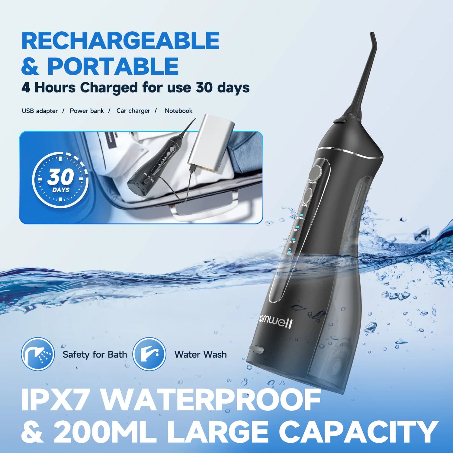Hydropulseur Portable Sans Fil F18, 3 Modes de Nettoyage, Étanche, Rechargeable, 4 Buses pour Nettoy