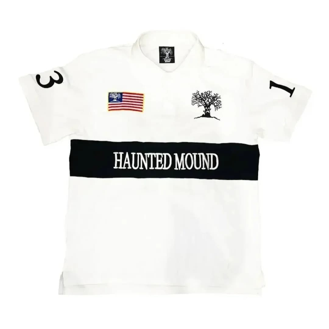T-shirt Polo Rouge Brodé Racing Haunted Mound, Style Hiphop Rétro, Motif Tête de Citrouille et Lettr