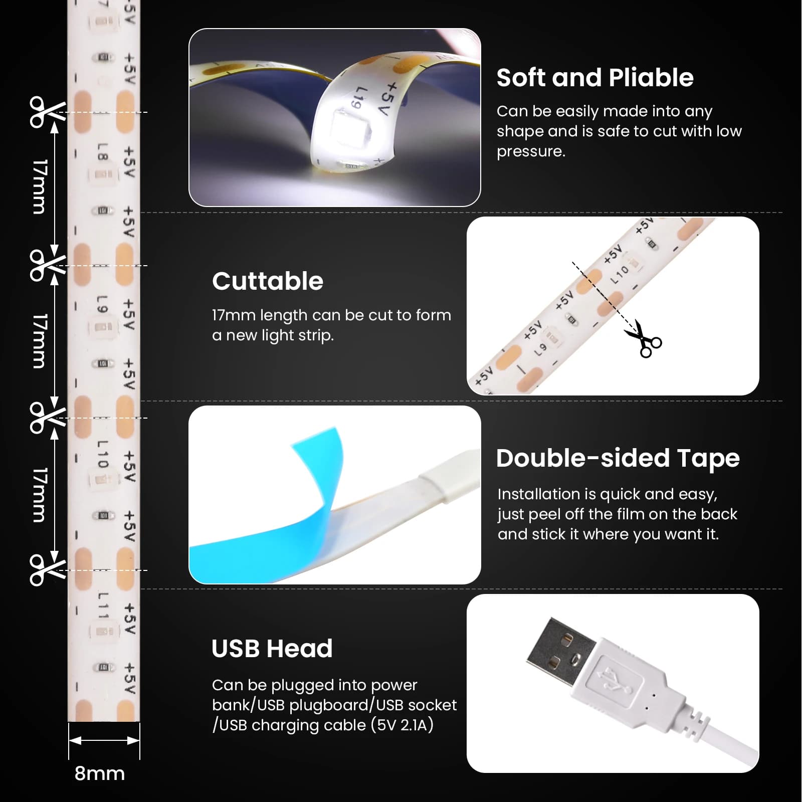 DC5V USB LED bande 2835 Dimmable interrupteur tactile rétro-éclairage TV cuisine bande Flexible LED 