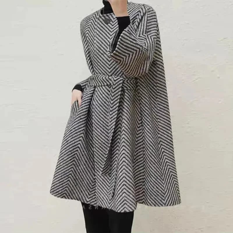 Manteau en laine feutrée haut de gamme pour femme, motif à chevrons, style Hepburn, niche, début du 
