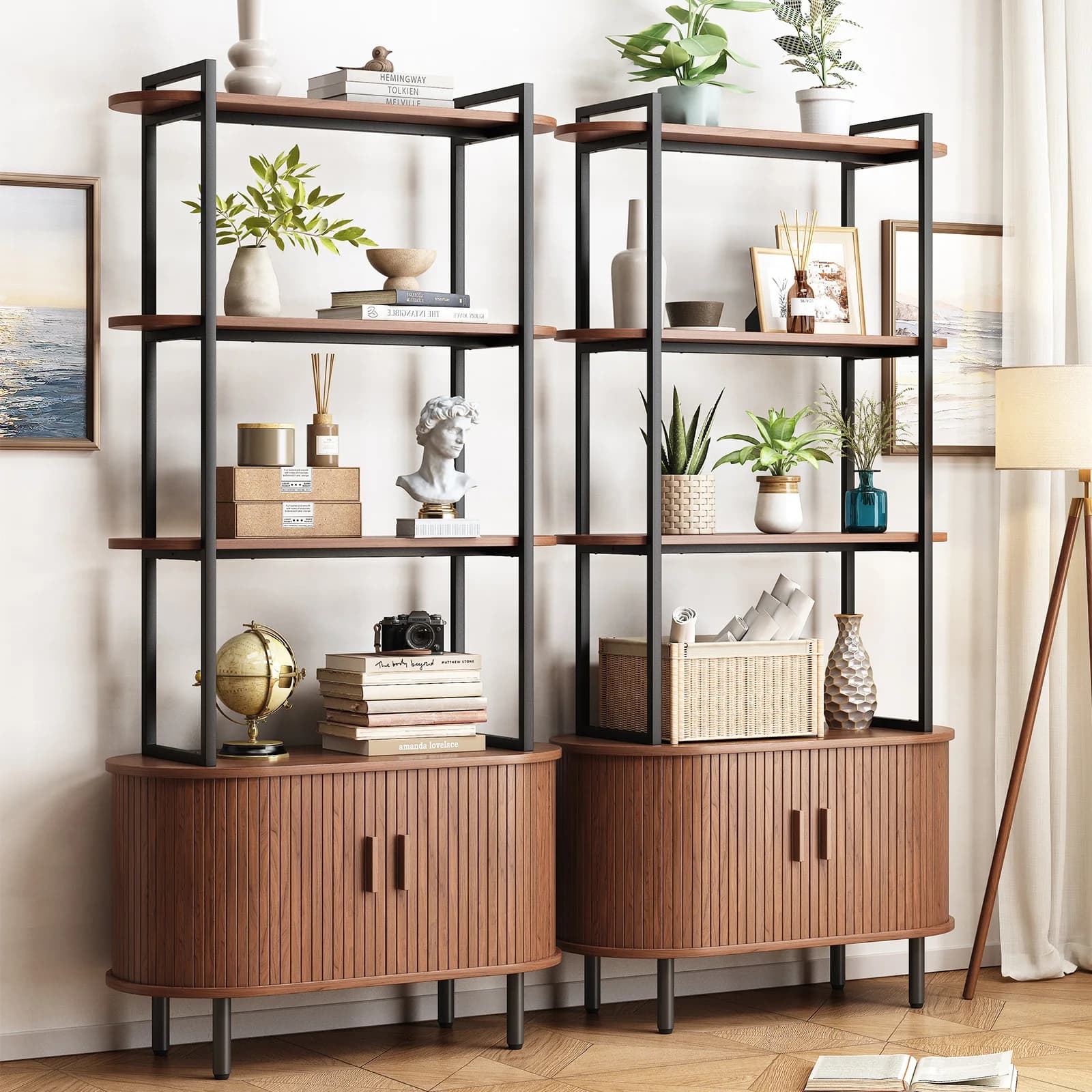 Bibliothèque de 71 pouces de hauteur, étagère à livres à 4 niveaux avec armoire de rangement, biblio