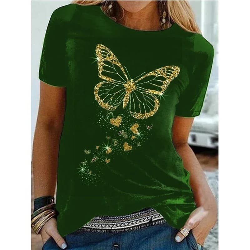 Papillon doré imprimé femmes t-shirt à manches courtes col rond femmes t-shirt dames t-shirt hauts v