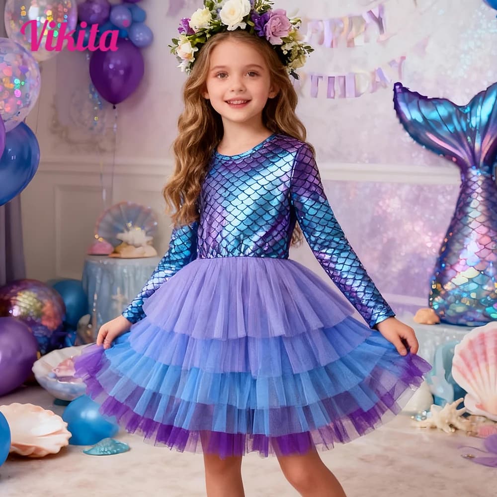 VIKITA filles robe imprimée sirène enfants couches maille Tulle gâteau robe de bal Tutu robes fille 