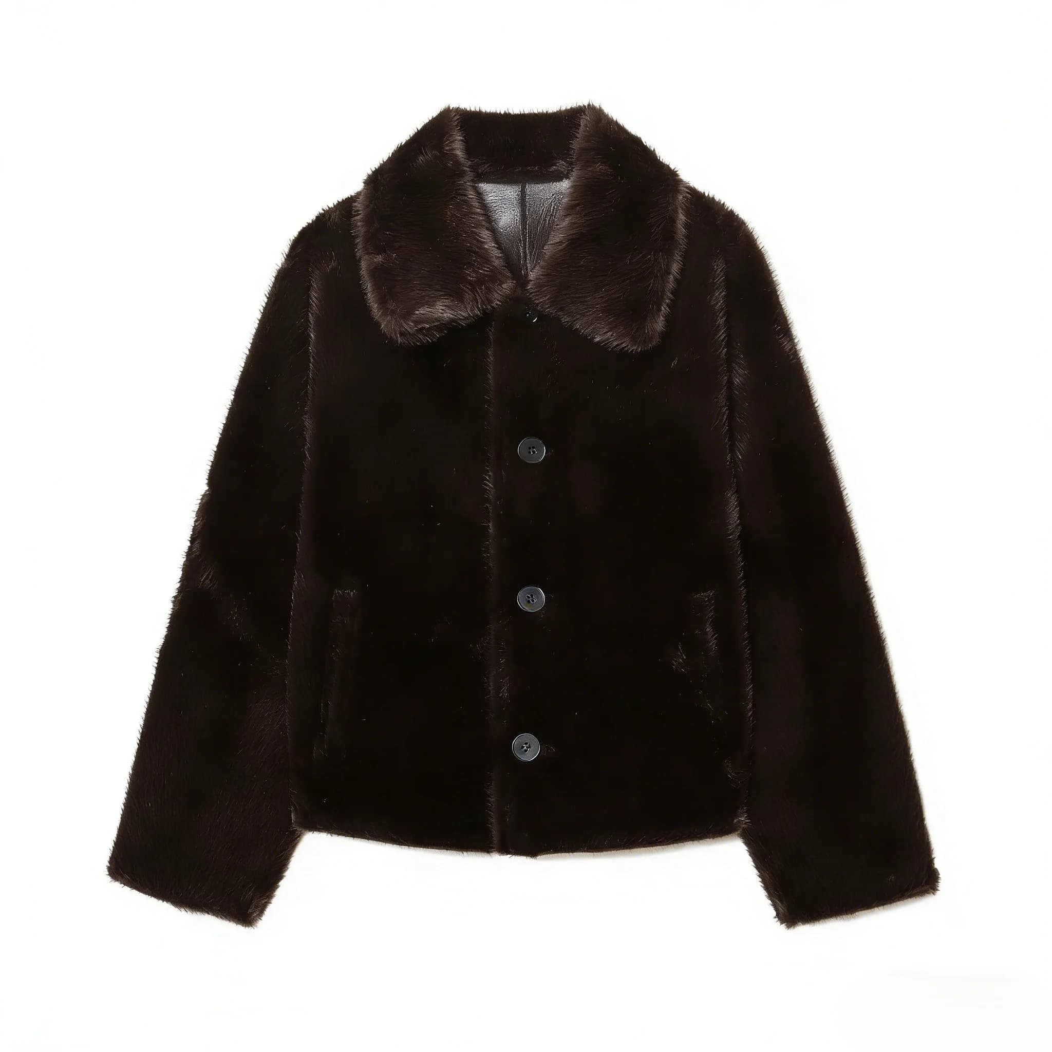 Veste femme 2025 automne/hiver nouveautés marron foncé à manches longues en simili cuir veste révers