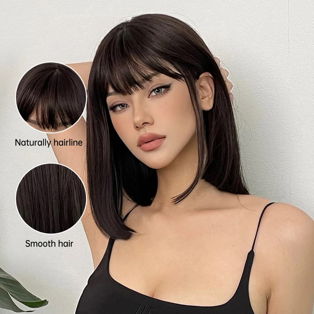 Perruques synthétiques naturelles courtes noires et brunes pour femmes, perruque Bob lisse avec fran